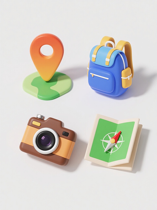 四个同风格旅行元素3D图标规整排布，每个图标均为鲜艳渐变色彩、圆润边角、光滑材质、轻微立体投影效果，背景为纯白色。左上角是橙色渐变定位标记图标置于绿色渐变地形基座上，右上角是蓝色渐变背包图标带有黄色渐变背带和白色缝线细节，左下角是棕色渐变复古相机图标镜头朝右带有银色金属质感装饰圈，右下角是绿色渐变折叠地图图标边缘卷起露出红色渐变指南针图案，所有图标保持一致的光影处理和立体感，整体呈现简洁明快的现代设计风格。