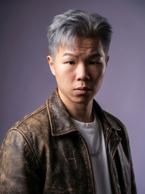 保留人物主体，改为hollywood leading man风格，侧光对比强烈，外套换成复古皮夹克，材质添加做旧磨损感，调整为深邃锐利的眼神，背景虚化为紫灰色渐变预览效果