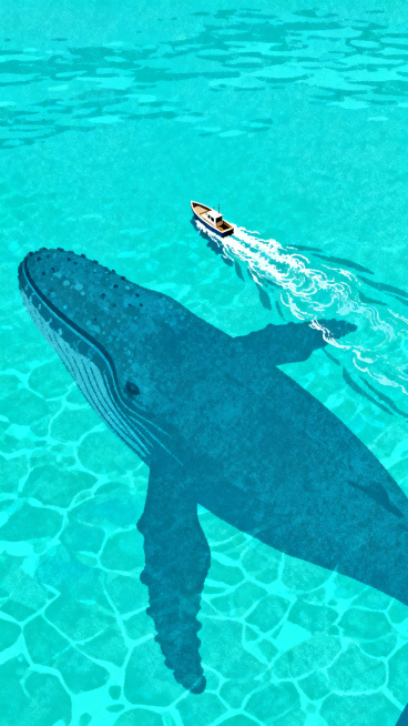 武政谅风格插画，丝网印刷风格，颗粒肌理，航拍视角；一片清澈见底的蓝绿色的大海，海里面有一只巨大的鲸鱼的局部的影子，在影子之上的画面上有一只小船静静地航行，船后泛起浪花，大海的壮阔和鲸鱼的巨大对比船非常预览效果