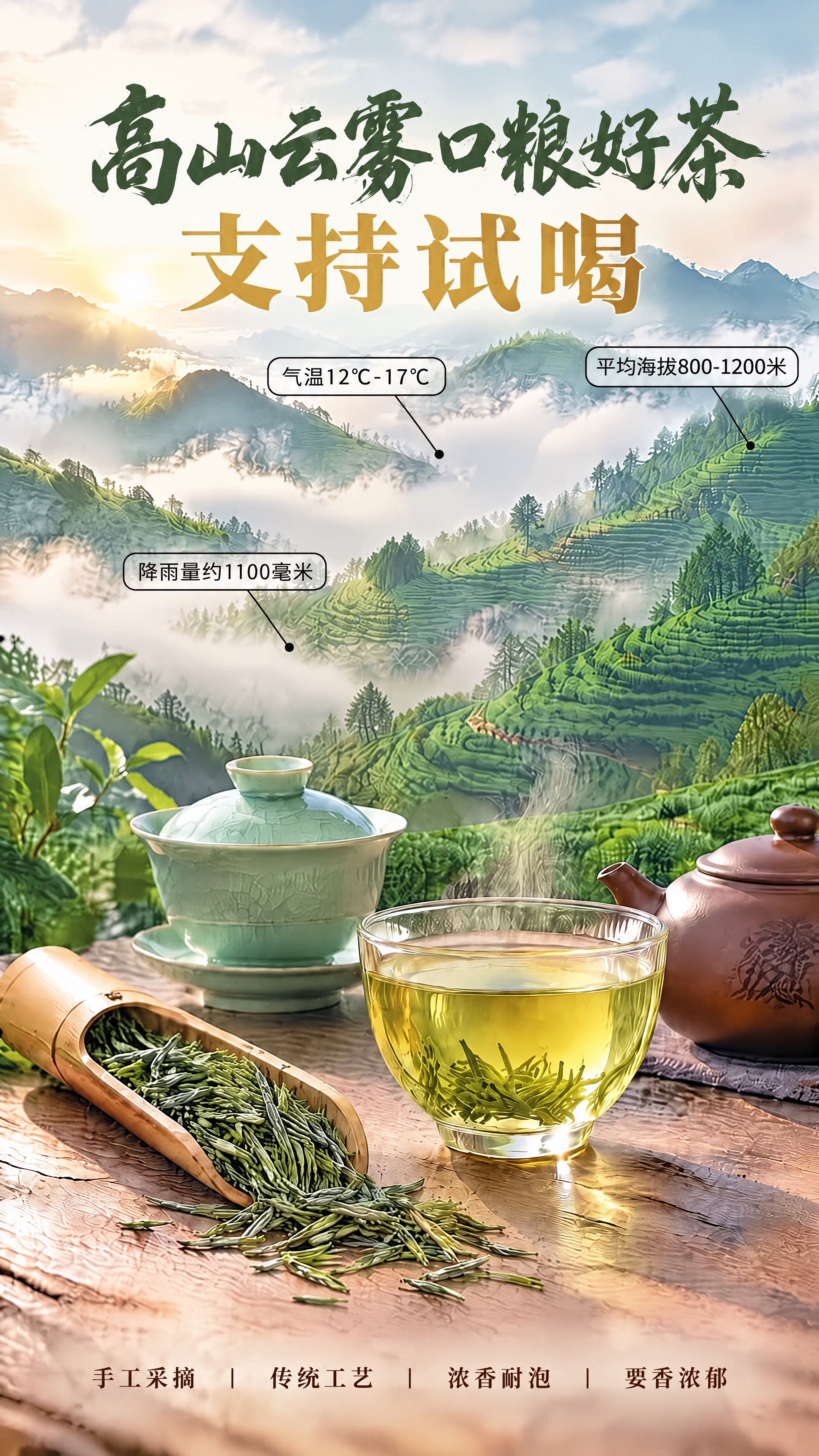 在图片的茶山远景区域，添加三个参数标识，分别用简易的黑边透明状… - 图片创意预览