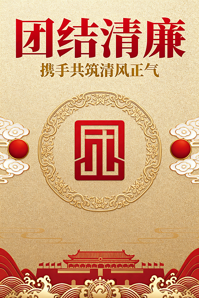 竖版正式宣传海报，主色调采用沉稳的正红与典雅金色，画面融入庄重的标识元素、传统祥云纹样、团结主题装饰图案、清廉风格细节设计，整体排版规整大气，视觉风格严肃正式，布局层次分明，色彩搭配协调，画面细节精致，无多余杂乱元素，适合作为正式宣传使用的竖版海报