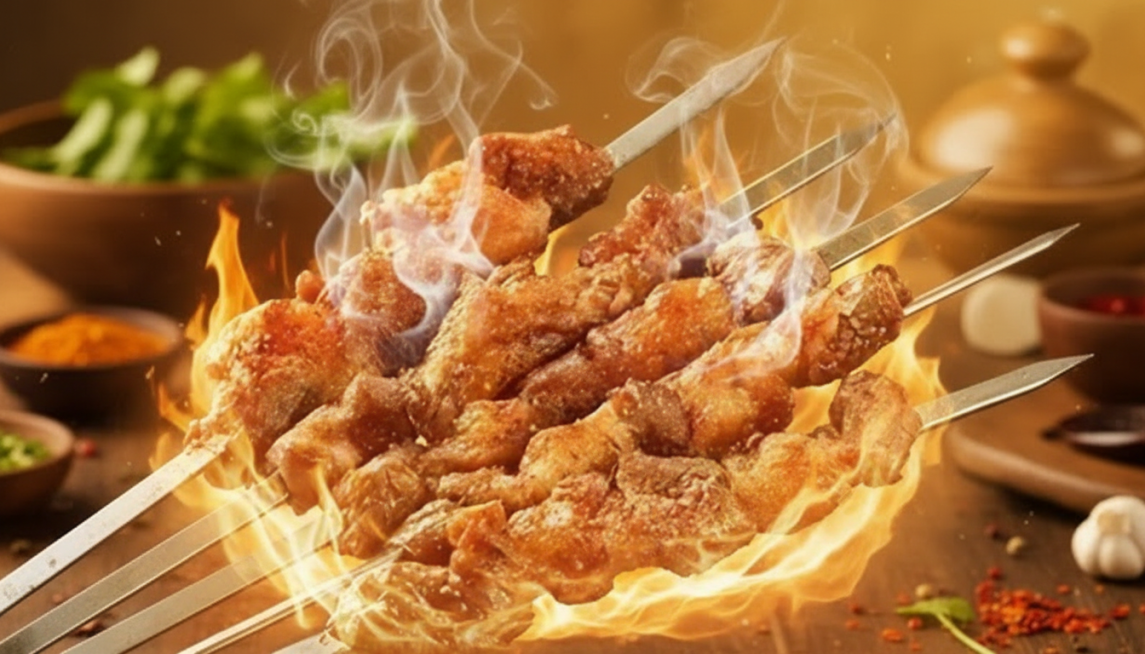 把这些照片高清放大，生成16：9的横板照片，添加美食氛围背景，添加美食元素，添加火焰元素，火焰元素透明渐变，添加蒸汽元素，蒸汽元素透明渐变，调整色调为暖金色预览效果