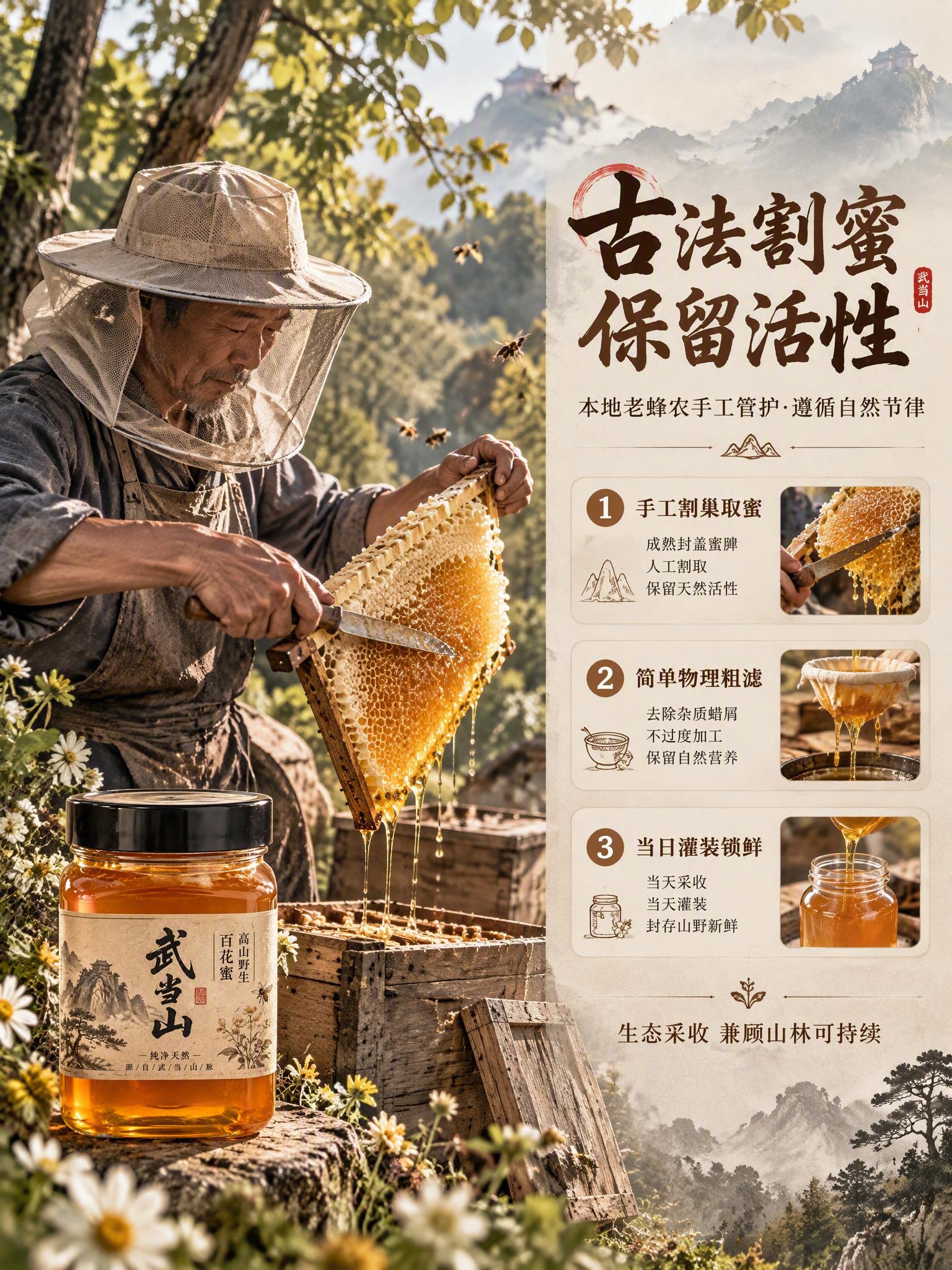 [商品] 本页为古法采蜜工艺专页，以蜂农割蜜纪实场景为主；蜂蜜… - 图片创意预览