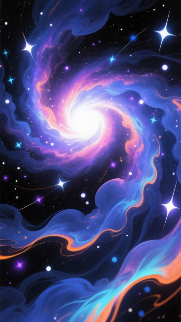 深邃神秘的黑色宇宙背景，中央是绚烂夺目的星云漩涡，以明亮的白色为核心，向外辐射出蓝紫色与粉橙色的渐变光芒，周围环绕着飘逸流动的深蓝色能量云带，云带边缘点缀着橙色与青色的光斑，无数闪烁的白色、蓝色、紫色星辰散布其间，部分星辰带有细长的光芒轨迹，整体呈现出梦幻、壮丽、充满动感的宇宙奇观，色彩浓郁饱和，光影对比强烈，具有数字艺术的平滑质感与细腻过渡。预览效果