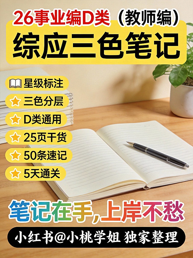 封面文字（活泼吸睛版）  顶部主标题（红底白字，醒目）  26事业编D类（教师编）  中间大标题（黄底黑字，加粗）  综应三色笔记  左侧卖点列表（黄底黑字，带小书本图标）                                  📚 星级标注  📚 三色分层  📚 D类通用  📚 25页干货  📚 50条速记  📚 5天通关                                         底部口号（彩色渐变字体）  笔记在手，上岸不愁  底部署名（黑底白字，手写体风格）  小红书@小桃学姐 独家整理      做书的封面，高级点，带点背景图