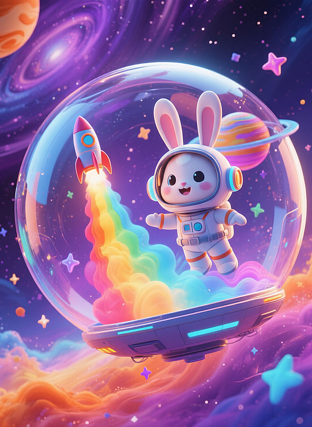 将图片上的角色换成Q版兔子穿着宇航服，风格保持不变