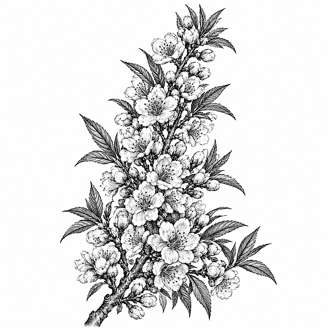 参考图中包装上的黑白铜版画/古典植物雕版线描风格，重新绘制一幅【桃花】的简笔画：写实繁密风格，一大枝桃花自下而上层层盛开，花朵数量多、大小穿插，配以茂密尖叶，整体构图饱满向上生长，花瓣与叶脉用密集细排线渲染明暗，线条清晰干净，纯白背景，黑白色调，无任何文字