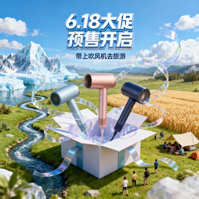 6.18大促营销海报，俯视视角，C4D建模渲染，画面中心是打开的礼盒，礼盒中悬浮三款不同的吹风机，透明丝带环绕飞扬，背景是自然景观，包含冰山，草地，蜿蜒河流，麦田，露营人群，搭配蓝天白云，明亮高饱和色预览效果
