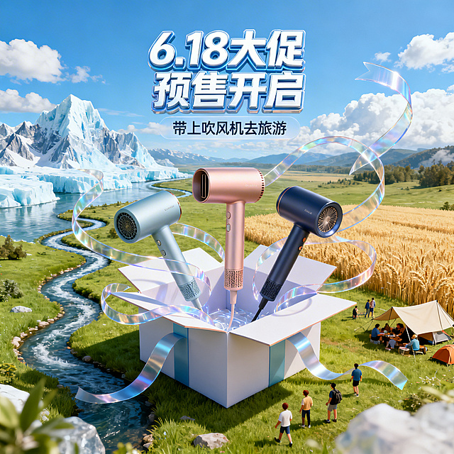 6.18大促营销海报，俯视视角，C4D建模渲染，画面中心是打开的礼盒，礼盒中悬浮三款不同的吹风机，透明丝带环绕飞扬，背景是自然景观，包含冰山，草地，蜿蜒河流，麦田，露营人群，搭配蓝天白云，明亮高饱和色彩，假日欢乐氛围，海报上方有醒目的立体大标题"6.18大促 预售开启"，下方有标题"带上吹风机去旅游"，突出光影层次感与产品质感，活力欢快的购物节促销氛围