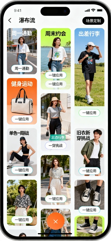 图10：场景化推荐页
文案：“发现”页，基于场景的智能推荐：

场景卡片：“周一通勤”、“周末约会”、“出差行李”、“健身运动”

主题挑战：“单色一周挑战”、“旧衣新穿挑战”

趋势灵感：基于用户风预览效果