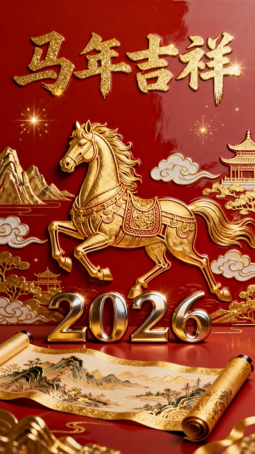 2026马年新年主题竖版海报，以大红色渐变背景为主，画面上方有金色书法字体书写的"马年吉祥"主标题，字体带有金粉质感与立体浮光效果。画面中央是一匹金色奔马，采用传统国潮风格，用金色渐变、金箔粉点和简化预览效果