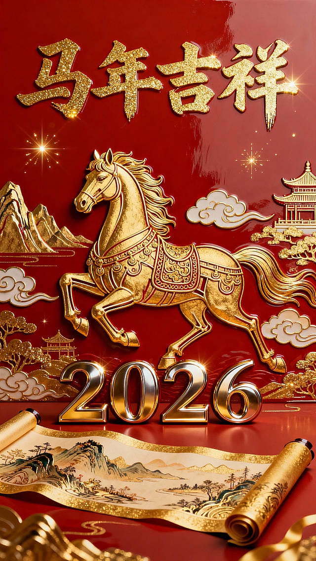 鎏金浮雕骏马跃动，中式古典山水卷轴铺陈，3D重拟物风呈现喜庆奢华，金属质感闪耀2026马年吉祥。
