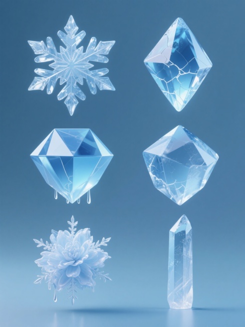 一组6个完全不同冰雪元素内容的系列素材集合，规整排布在纯色背景上，保持原有3D水晶质感的透明冰蓝色渐变风格，每个元素都具有锐利的棱角、清晰的冰晶纹理、细腻的高光反射和底部垂落的冰锥，包含冰雕雪花、冰裂纹理、冰制几何多面体、冰簇、冰冻花朵和冰凌柱，整体光影统一，呈现出晶莹剔透、冷冽纯净的氛围，各元素大小一致、间距均匀，形成和谐的视觉节奏。预览效果