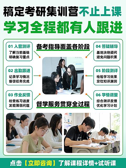小红书设计｜考研集训营培训课程宣传海报。画面展示备考指导与督学服务流程，包含测评、作业反馈等阶段。背景为教室学生认真学习的实拍照片，绿色边框设计清晰展示六大服务项目，适合教育培训行业招生使用。