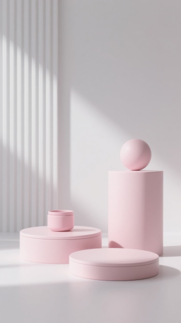 展台背景，3D渲染风格，柔和的浅粉色与纯白色为主色调，色彩和谐统一，光线从画面左侧斜射进入，形成清晰的光影交界线和柔和的阴影，高光表现细腻，物体表面光滑带有轻微的哑光质感，整体呈现出极简、现代、干净的氛围。画面左侧有垂直排列的白色条纹状装饰结构，右侧有一个较高的浅粉色柱状展台，顶部放置一个圆形球体，前方有两个较低的圆形浅粉色展台，其中一个上面放置着一个造型简约的粉色容器，所有展台和物体边缘圆润……预览效果