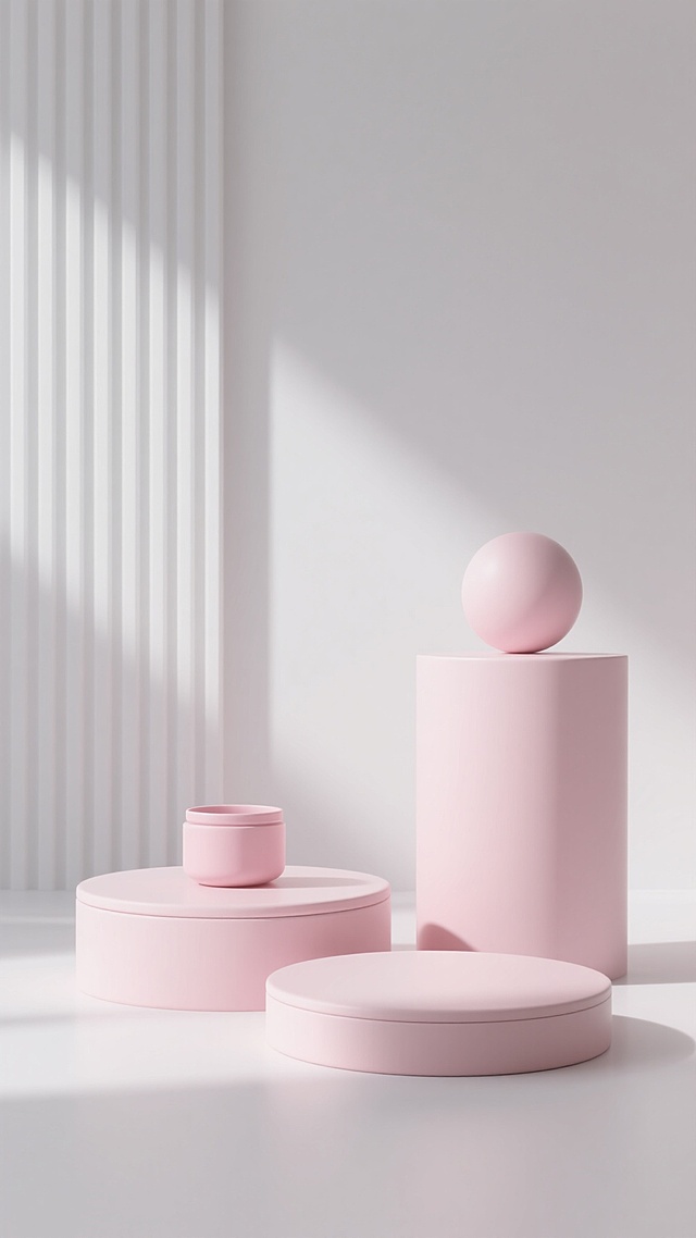 展台背景，3D渲染风格，柔和的浅粉色与纯白色为主色调，色彩和谐统一，光线从画面左侧斜射进入，形成清晰的光影交界线和柔和的阴影，高光表现细腻，物体表面光滑带有轻微的哑光质感，整体呈现出极简、现代、干净的氛围。画面左侧有垂直排列的白色条纹状装饰结构，右侧有一个较高的浅粉色柱状展台，顶部放置一个圆形球体，前方有两个较低的圆形浅粉色展台，其中一个上面放置着一个造型简约的粉色容器，所有展台和物体边缘圆润光滑，构图采用对称与平衡的美学原则，背景为纯白色，整体视觉层级清晰，信息传达简洁高效，具有现代简约的设计感。