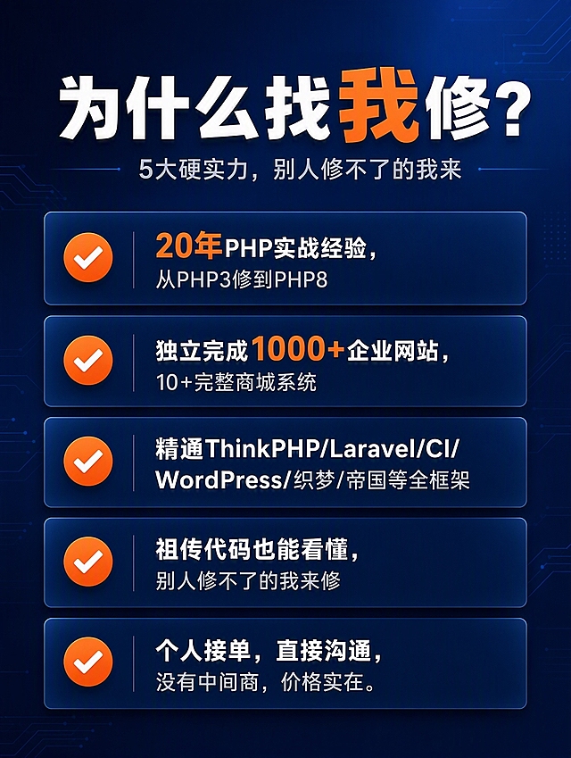 [商品] 无实物商品，服务类：网站Bug修复服务。
[画面] 页面目标：展示核心优势，回答"为什么找我修"，建立专业信任。构图：顶部大标题+下方5个优势横条卡片，竖排排列。主体占比：优势卡片区域占画面65%。阅读动线：顶部标题 → 向下逐行看5大优势。背景：深海蓝渐变，中间稍亮，突出内容区。
[视觉] 套系策略：风格=国内电商技术专业风，靠谱沉稳有质感；标题字=粗黑体，厚重有力；正文字=思源黑体/常规无衬线体；主色=深海蓝(#1a3a6b)；背景延展=基于深海蓝做深浅渐变、同色系层次，搭配微弱科技纹理；强调色=活力橙(#ff7a2e)，仅用于图标、对勾、高亮数字；标题色=白色；正文色=浅灰蓝(#e0e8f5)；组件=左侧图标+右侧文字的横条卡片、橙色对勾图标、细分割线；光影=均匀柔光，卡片有细微悬浮感。
[文字] 顶部主标题：为什么找我修？（白色粗体，橙色高亮"我"）。副标题：5大硬实力，别人修不了的我来（浅灰色）。5个优势竖排：1. ✅ 20年PHP实战经验，从PHP3修到PHP8（橙色数字"20年"高亮）；2. ✅ 独立完成1000+企业网站，10+完整商城系统；3. ✅ 精通ThinkPHP/Laravel/CI/WordPress/织梦/帝国等全框架；4. ✅ 祖传代码也能看懂，别人修不了的我来修；5. ✅ 个人接单，直接沟通，没有中间商，价格实在。每条左侧白色对勾图标（橙色底圆），右侧标题+说明文字。文字全部横排。
[规格] 淘宝竖版详情页，比例3:4（宽750px，高1000px），分辨率4K，负向提示：避免模糊、错字、文字过小、卡通风格、紫色/绿色主色、杂乱背景、二维码、站外联系方式、绝对化用语。
