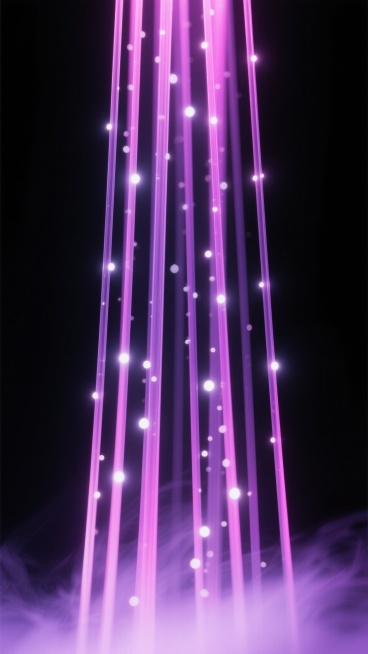 深邃黑色背景上，垂直排列的细长光纤束从顶部倾泻而下，呈现出明亮的渐变紫色与粉色光芒，光纤线条边缘带有柔和的光晕效果，光束中点缀着大小不一、闪烁的白色光点，底部有淡淡的紫色光雾弥漫，整体营造出梦幻、科技感与神秘感交织的氛围，光影层次分明，光线过渡自然柔和，保持光纤元素的垂直线条结构和发光特性。预览效果