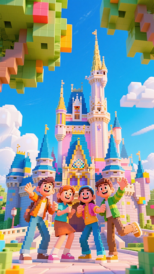 像素风梦幻城堡，卡通人物欢聚，波普艺术色彩，虚拟现实体验。