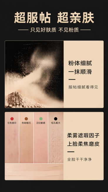 [第7屏] 粉质与遮瑕特点展示，本屏展示粉体细腻柔雾遮瑕特点，版式参考图16。
[氛围/风格] 深黑底搭配暖米色信息块，清晰展示产品特点，专业美妆排版。
[元素布局] 顶部大标题「超服帖 超亲肤」，副预览效果
