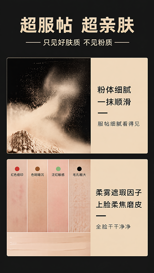 [第7屏] 粉质与遮瑕特点展示，本屏展示粉体细腻柔雾遮瑕特点，版式参考图16。
[氛围/风格] 深黑底搭配暖米色信息块，清晰展示产品特点，专业美妆排版。
[元素布局] 顶部大标题「超服帖 超亲肤」，副标题「—— 只见好肤质 不见粉质 ——」，下方分为上下两个信息模块：上方模块左侧展示粉质烟雾化效果，右侧浅米色块写文案「粉体细腻 一抹顺滑 服帖细腻看得见」；下方模块左侧展示不同遮瑕面积色卡，右侧浅米色块写文案「柔雾遮瑕因子 上脸柔焦磨皮 全脸干干净净」。整体从上到下排布，两个模块信息清晰不重叠。
[光影质感] 每个模块明暗清晰，文字清晰，烟雾效果层次自然，色卡颜色区分明显。
[配色色系] 背景：#1A1A1A（深黑）；信息块底色：#F5D7B0（暖米色）；文字：#1A1A1A（深黑）；色卡：对应不同遮瑕面积分别用红、棕、绿、黑标注不同瑕疵类型。
[视角构图] 竖向9:16，上下两个模块，信息层级清晰，符合移动端浏览。
[比例分辨率] 9:16 竖版比例，4K分辨率，文字清晰可辨。
[负向提示词] 文字模糊，排版拥挤，色彩不协调，水印，变形。