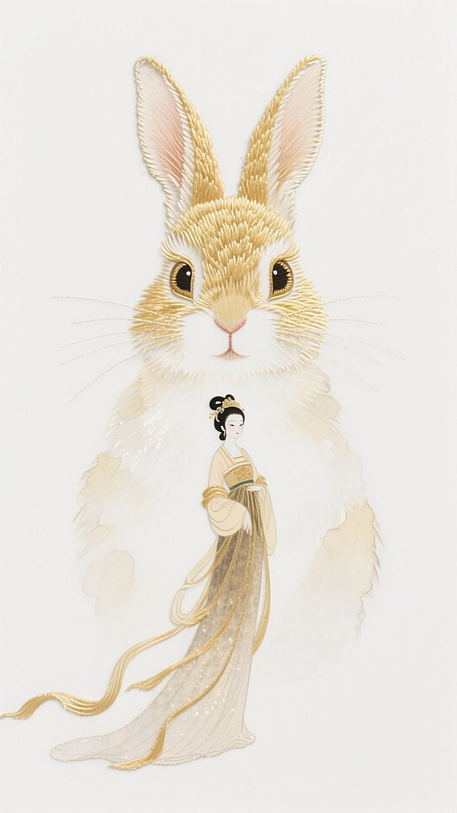 这是一幅苏绣作品，绣着一只巨大的兔子眼睛看着下方的嫦娥（全身），大面积留白，概念视觉，朦胧，梦幻，对称构图，极致的大小对比，金色调，刺绣材质，白色背景
