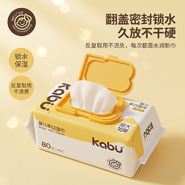 1:1 竖版精致杂志风电商卡布婴儿手口湿巾主图，严格还原上传的卡布kabu婴儿手口湿巾产品图，包括包装设计、颜色、LOGO位置、文字内容、图案元素等所有细节，产品外观必须与参考图完全一致，不得改变包装设计、配色方案或品牌元素，保持产品真实哑光纸塑复合 + 翻盖密封材质质感；产品采用特写俯拍视角摆放，翻盖打开状态展示锁水结构，主体居中突出，清晰展示黄色云朵造型翻盖与内部湿巾，包装斜放于画面中间；背景为柔和渐变暖黄色柔光底色，点缀细腻光斑，营造温暖治愈母婴氛围；画面左上角放置深棕色圆形卡布品牌LOGO，画面上半部分居右用统一圆润粗体无衬线深棕色字体标注主标题“翻盖密封锁水 久放不干硬”，主标题下方居中用统一细体无衬线深灰色字体标注副标题“反复取用不流失，每次都是水润新巾”，画面左侧添加 2 个圆形暖黄圆角卖点标签，分别标注“锁水保湿”“反复取用不浪费”；整体整洁有序杂志排版，密封锁水卖点可视化呈现，光影柔和通透，8K超高清写实摄影画质，细节细腻真实，全画面中文文字格式完全统一，风格统一无割裂，视觉高级有质感，完美适配电商主图呈现。负面提示：禁止产品变形，禁止更改包装配色图案、翻盖设计，禁止模糊色差，禁止多余元素，禁止文字乱码，禁止风格割裂，禁止低分辨率，禁止翻盖结构展示错误、锁水效果表现虚假，禁止排版混乱