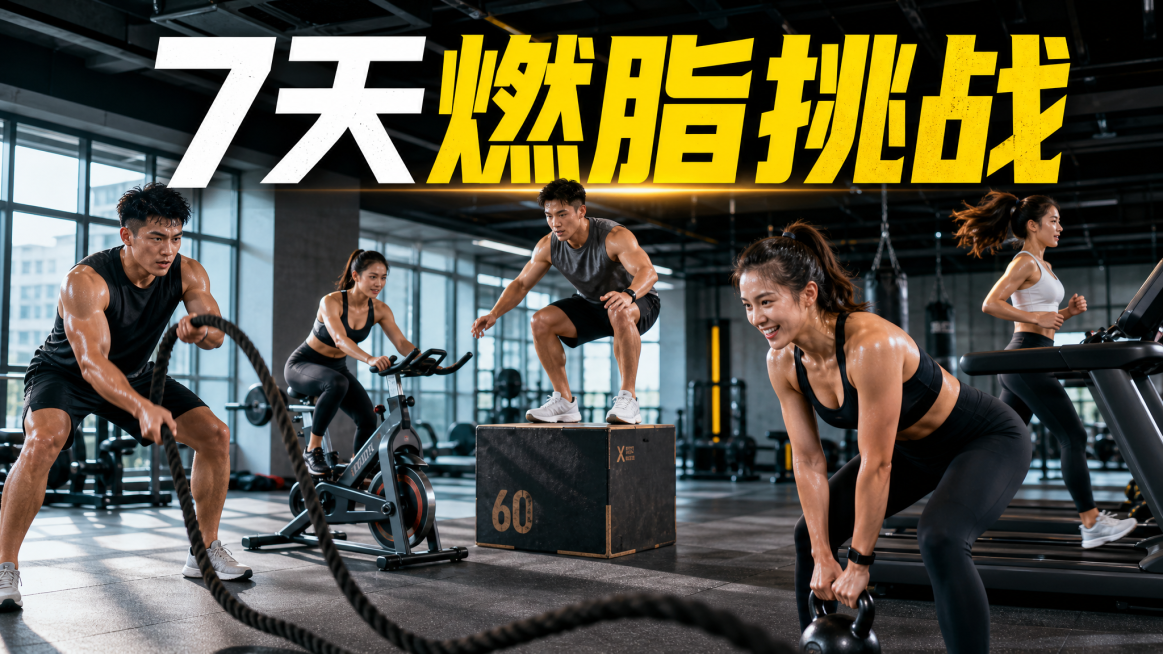 横向长方形真人图片，主题为"7天燃脂挑战"，健身房内年轻男女正在进行燃脂训练，充满活力，真实摄影风格，清晰明亮，画面添加文字"7天燃脂挑战"预览效果
