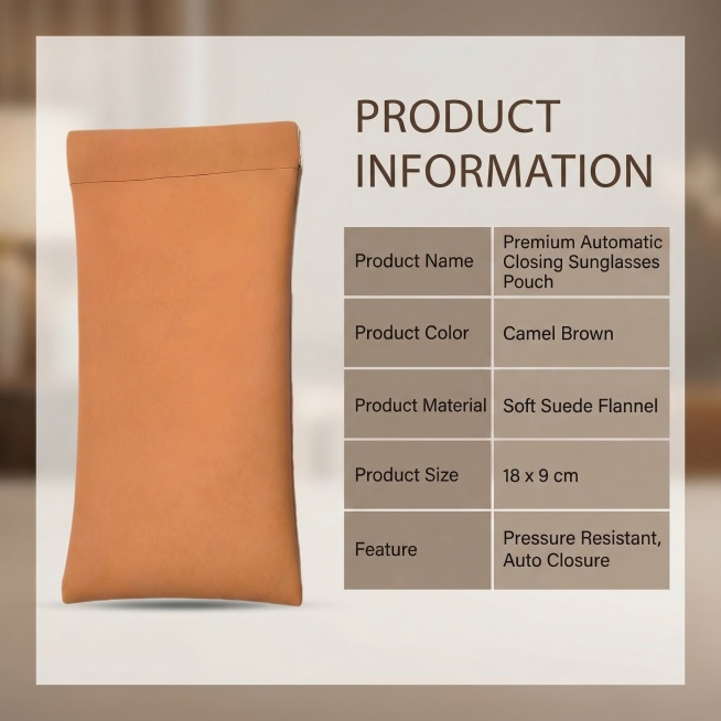 欧美跨境电商产品信息详情页，参考第二张图的Product Information表格排版设计，只放第一张棕黄色便携自动闭合弹片眼镜袋，保留原产品形状颜色不变，替换产品信息为眼镜袋：Product Na预览效果