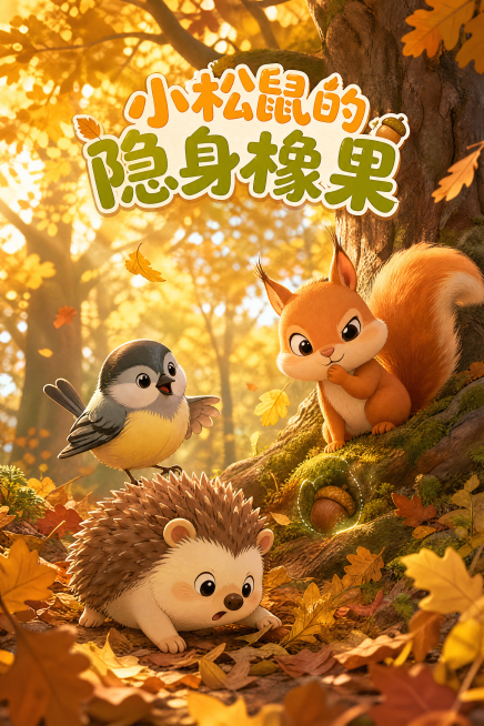 2:3竖幅海报，可爱童趣动画风格，影片标题"小松鼠的隐身橡果"醒目呈现，深秋金黄橡树林自然场景，落叶纷飞氛围感十足。画面包含三只主角小动物：小松鼠绒绒、小山雀啾啾、小刺猬球球，还原藏橡果趣味故事名场面预览效果