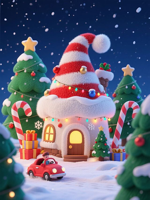 一座以圣诞帽为造型的小屋，红白色条纹搭配屋顶积雪，装饰有星星、圣诞球和彩灯，门口还摆放着一棵迷你圣诞树，屋内透出暖黄色灯光，周围有几棵装饰着雪花、星星的绿色圣诞树，巨型拐杖糖、堆叠的礼物盒点缀，一辆红色卡通小车里坐着人物，仿佛在雪地中穿梭，背景是深蓝色夜空飘着雪花。