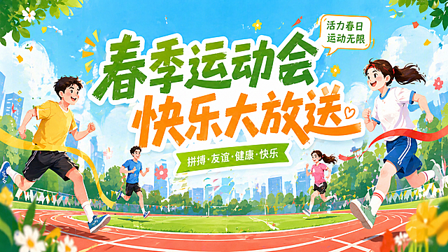 原图是春季运动会宣传横幅，保留全部文字内容和整体构图不变，将所有跑步的儿童形象修改为大学生形象，保持青春活力的风格，整体场景和配色保持不变