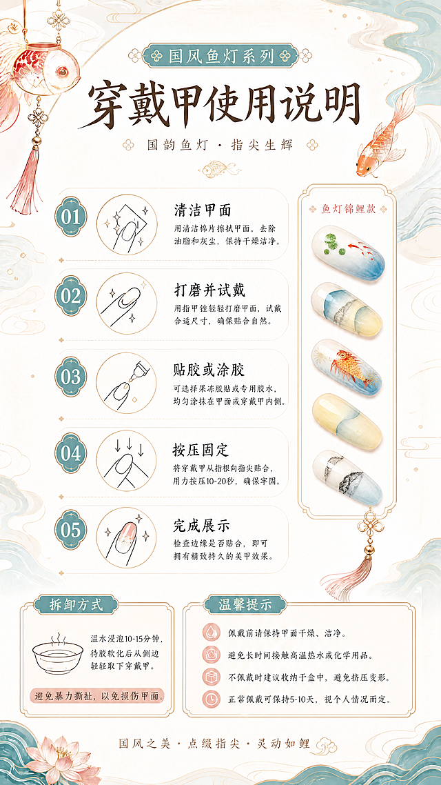 修改这张穿戴甲使用说明图，将右侧展示区的现有美甲替换成图二的蓝黄渐变锦鲤山水款式穿戴甲，保持整体国风鱼灯设计风格和排版不变，标题和文字内容保留