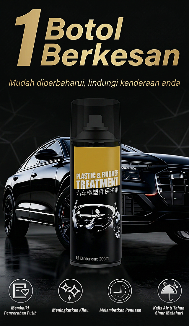 基于原图重新设计，整体极简干净、高级质感、低饱和，无杂乱元素。首图结构：产品展示+大字卖点，黑色高级汽车风，深色干净配色，马来简约高级风格，构图干净，大标题亮色加粗突出卖点，轻科技感。文字为马来语：大标题 "1 Botol Berkesan"，副标题 "Mudah diperbaharui, lindungi kenderaan anda"，底部四个卖点图标配文字 "Membaik Pencerahan Putih", "Meningkatkan Kilau", "Melambatkan Penuaan", "Kalis Air & Tahan Sinar Matahari"。保留原图产品和汽车位置，重新排版更换色系，保持原图整体比例。