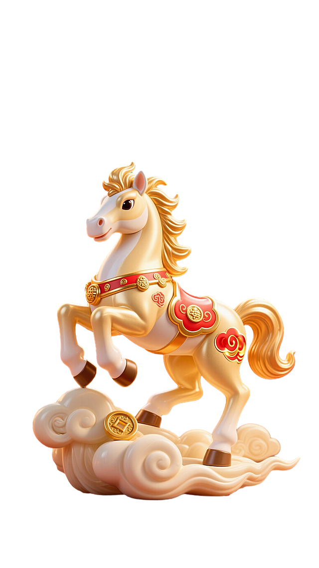 中国风新年海报主体，一匹健壮的金色骏马，鬃毛飞扬，四蹄踏祥云，身上点缀红色祥云纹与金色铜钱图案，背景是中式红墙、金色灯笼和绽放的烟花，色彩鲜艳喜庆，画面饱满大气，高清 8K，适合春节海报印刷。