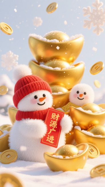 可爱冬日场景，两个巨大的毛绒白金色元宝堆成雪人，元宝绒毛细腻逼真，白金色泽柔和，雪人戴着红色针织帽，针织纹理清晰，手里拿着写有“财源广进”的小红牌，字迹工整可爱，金色硬币形状的雪花纷纷从天而降，画面色预览效果