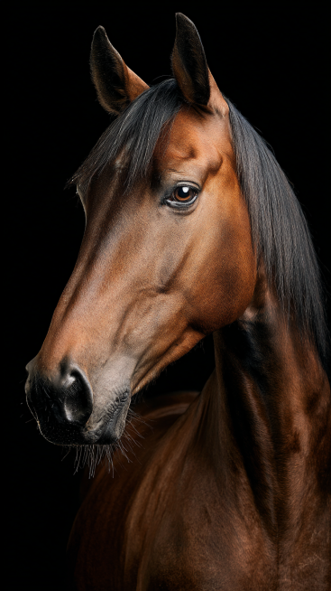 A well-built adult horse, with a clearly defined head, erect ears, bright and lively eyes, a long an预览效果