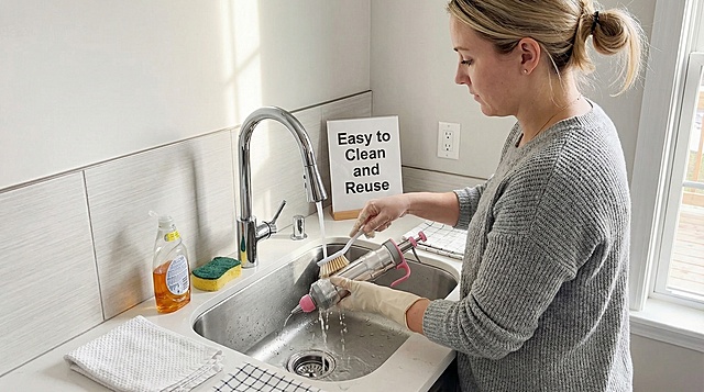 A European and American woman cleaning this cream gun after use, in a clean kitchen sink area, the cream gun maintains its original appearance with silver body and pink parts, English text "Easy to Clean and Reuse"