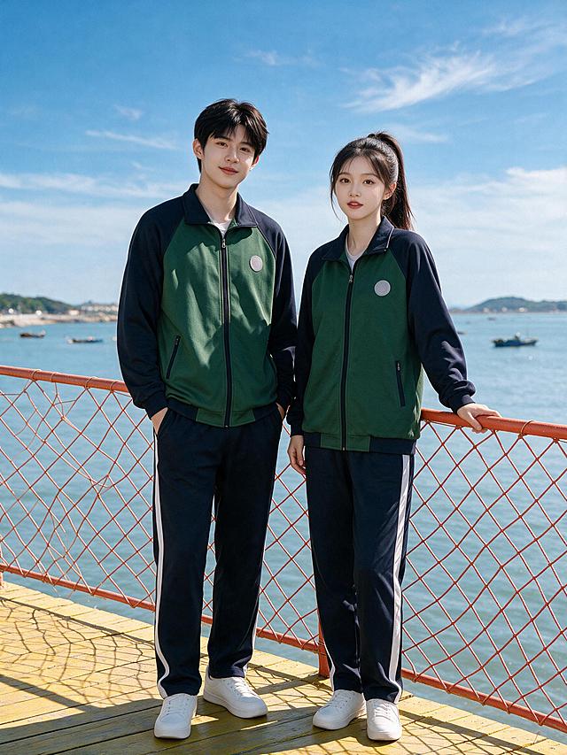图像局部替换：将图1（海滨木栈道双人照）中右侧女模特的脸部与相貌替换为图2女模特的相貌（乌黑高马尾长直发，齐额发丝，清秀白皙），保持图2的脸型、五官与气质。其余完全不变：左侧男模特相貌身形保持不变；女模特依然单手扶在橙红色交叉网格金属护栏上，姿态、站姿与身高比例不变；两人服装保持不变（墨绿色主体加梃子色插肩长袖的拉链运动外套、左胸灰白圆形徽章、深梃子色罗纹袖口与下摆；深梃子色运动长裤外侧一条宽银白色条纹；白色小白鞋）；构图、机位、前景橙红色交叉网格金属护栏与黄色油漆木栈道、背景浅蓝海面与渔船、远处绿色低矮山丘、蔚蓝天空与薄白卷云、明亮柔和的自然日光与整体色调均与原图一致；写实摄影风格，浅景深，高画质，细节丰富，自然色彩，两人全身完整入镜