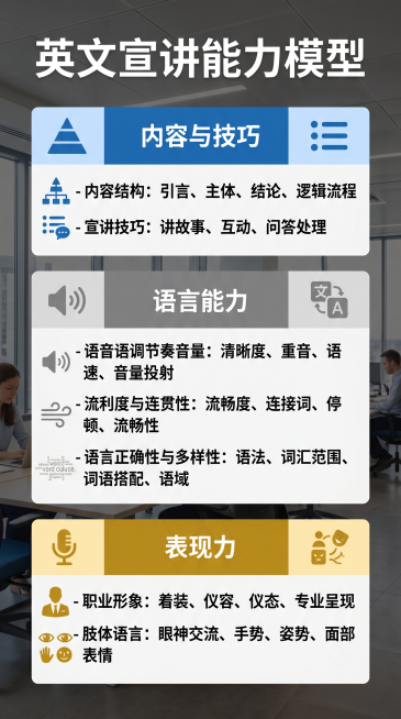 重新创建英文宣讲能力模型图，完全保持原图的布局结构：从上到下三个模块，蓝色内容与技巧、灰色语言能力、金色表现力，保留所有原图标（金字塔、列表、麦克风、声波等），背景为办公场景。所有文字替换为中文：预览效果
