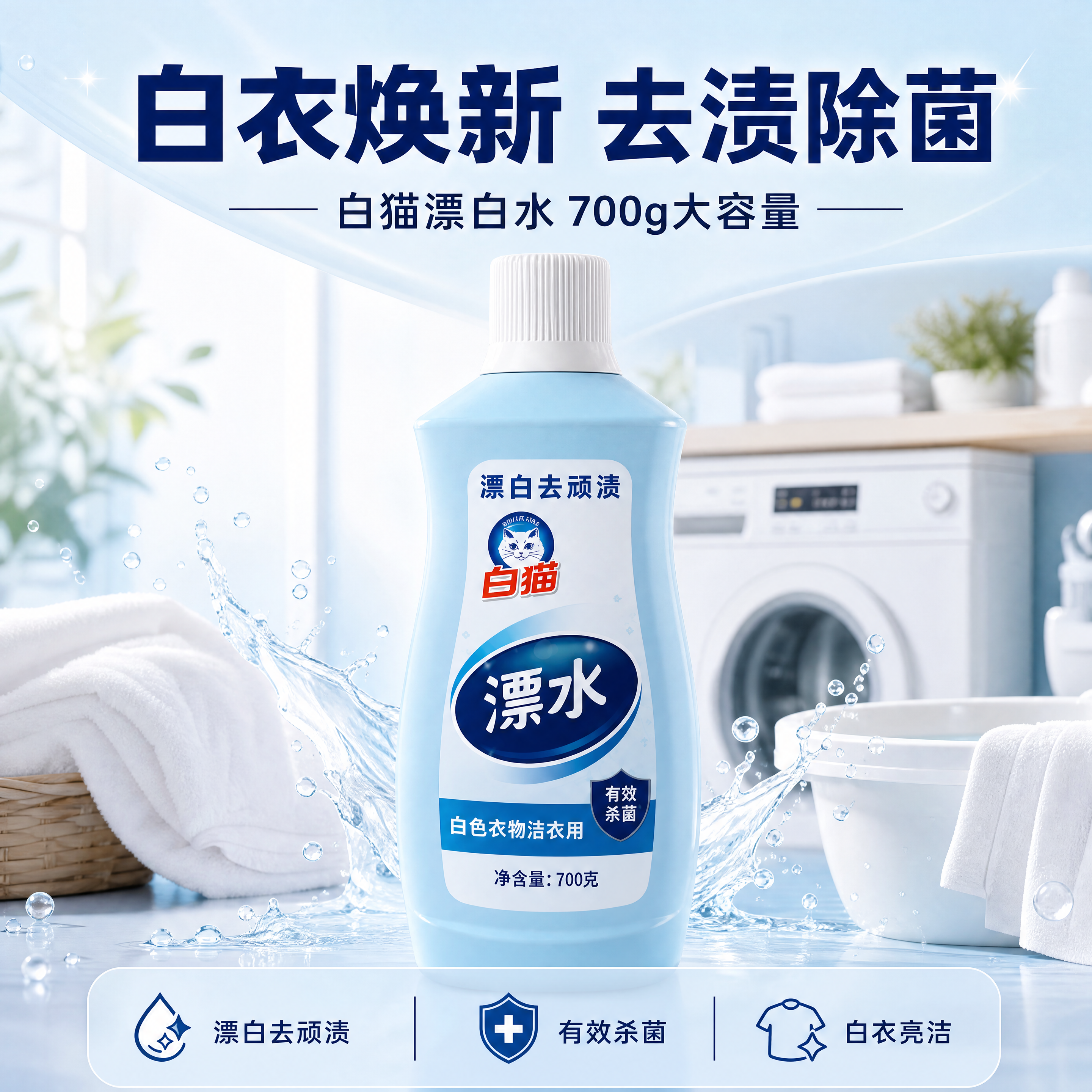[商品] 使用【图1】白猫漂白水700g产品图；保留浅蓝色瓶身… - 图片创意预览