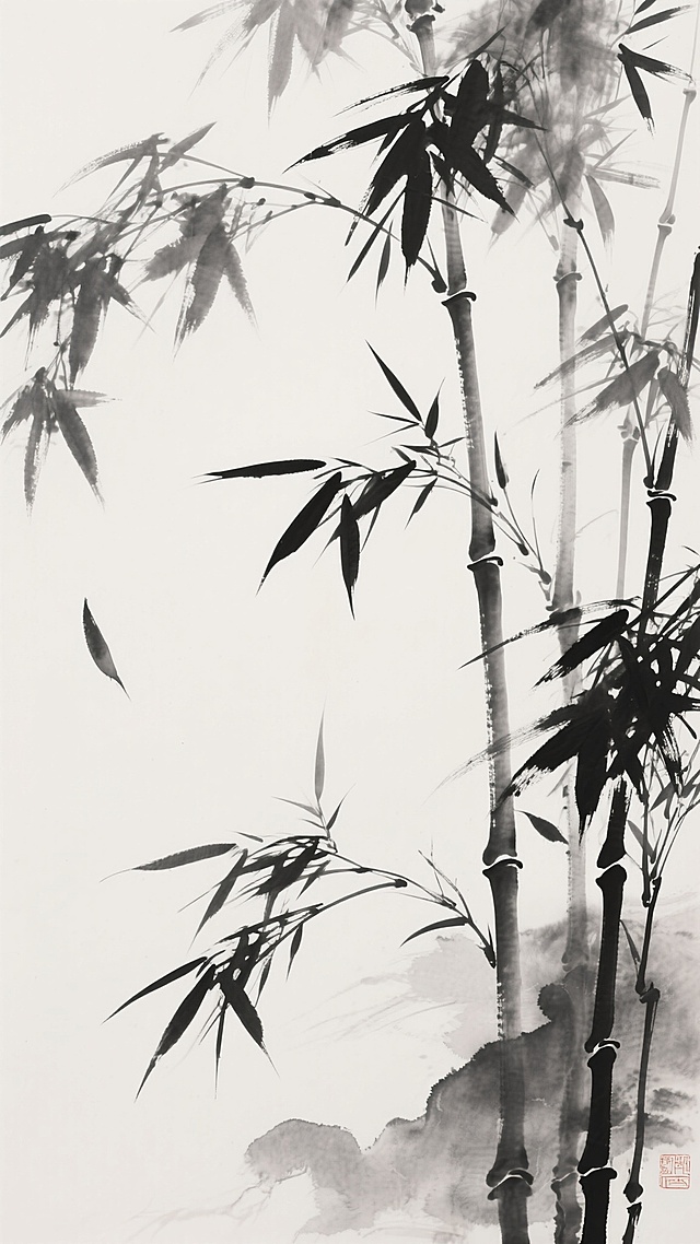 中国水墨画风格，黑白灰三色，以浓淡不一的墨色描绘的古风背景，画面中可见形态各异的竹叶，有的舒展，有的微微卷曲，竹枝纤细而挺拔，笔触洒脱自然，墨色有明显的晕染效果，展现出竹子的清雅风骨，营造出宁静悠远的氛围，留白处恰到好处，给人以无限遐想空间。