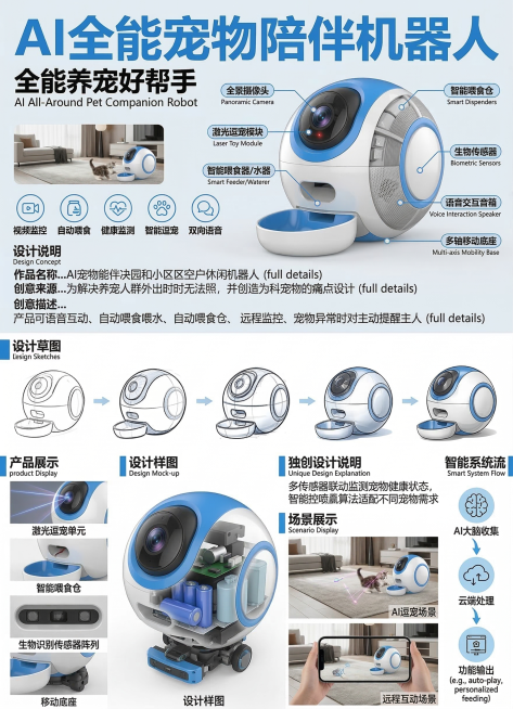 仿照图二海报样式设计AI全能宠物陪伴机器人海报，保留图一机器人的设计创意，丰富机器人外观增加多功能结构体现丰富功能。海报包含标题"AI全能宠物陪伴机器人"副标题"全能养宠好帮手"，内容模块有作品名称、预览效果