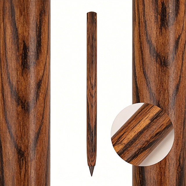 将图中的木纹笔垂直摆放，生成产品主视图，保持产品细节和白色背景
