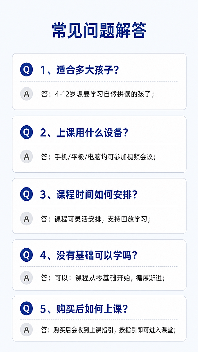 [第12屏] 常见问题解答，整理学员常见疑问解答。氛围风格：干货整理简约风，清晰易读。元素布局：顶部标题，五个常见问题折叠卡片排列，每个问题加粗，回答小号字排列整齐。光影质感：均匀清晰，问题和回答字号区分明显。配色色系：全局底色 #F5F9FF，问题深蓝色加粗，回答深灰色，分割线浅灰色。视角构图：竖向排列，从上到下逐条阅读。文字版式：标题“常见问题解答”，逐条展示：“1、适合多大孩子？ 答：4-12岁想要学习自然拼读的孩子 2、上课用什么设备？ 答：手机/平板/电脑均可参加视频会议”，排版整齐清晰。比例分辨率：9:16竖版比例，4K分辨率，文字清晰可辨。负向提示词：文字错乱，变形，水印，颜色偏差，背景杂乱。
