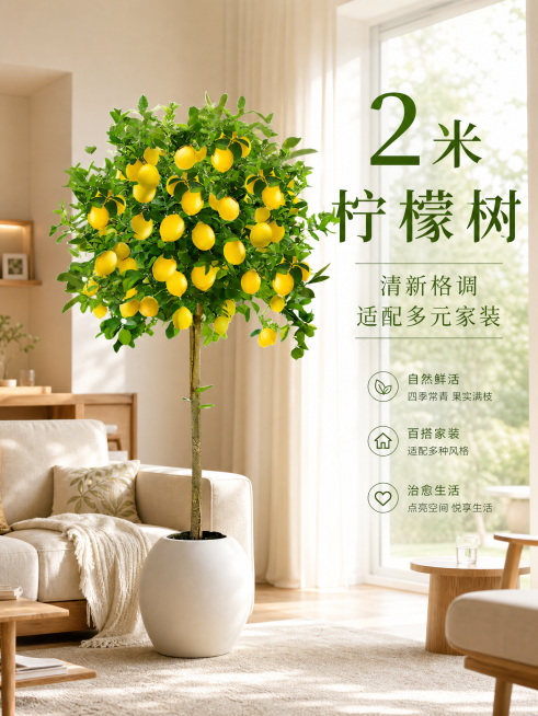 2米高柠檬树盆栽，摆放在家居客厅中，家居治愈风，清新自然，画面突出柠檬树高大茂盛、结满黄色柠檬的状态，添加卖点文字"2米柠檬树 清新格调适配多元家装"预览效果