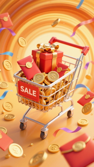 画面中有装满金币、红包、礼盒、带 “SALE” 标签的购物车，周围点缀少量金币、红包、彩带等元素，背景是橙黄渐变的漩涡，俯视预览效果