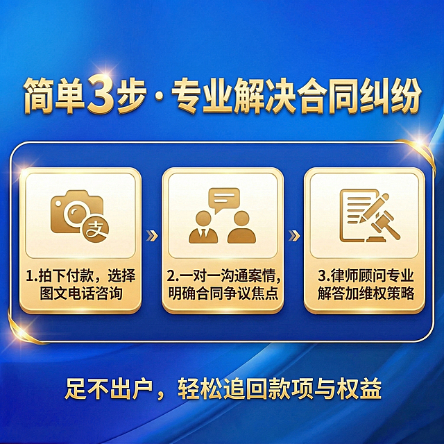 沿用参考图排版风格，调整为三步布局，替换文字内容：主标题“简单3步 专业解决合同纠纷”，三个步骤分别是：1拍下付款，选择图文电话咨询；2一对 沟通案情，明确合同争议焦点；3律师顾问专业解答加维权策略；底部副标题“足不出户，轻松追回款项与权益”。保持蓝色渐变背景、金色文字边框设计风格不变，保留原图标占位布局。