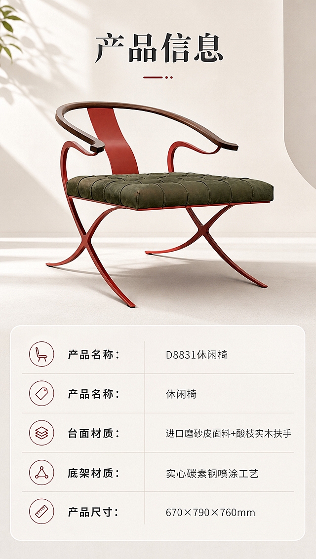 [商品] 使用【图1】D8831休闲椅；保留圈椅造型、墨绿色磨砂皮座面、红色X型底架、酸枝实木扶手、整体结构比例与颜色材质。
[画面] 目标：产品信息参数页，规格参数收口。构图：上下分区，上半部分产品侧视展示，占画面约45%，居中摆放，背景简洁亮调；下半部分为参数表格区，占画面约40%。
[视觉] 套系策略：风格=新中式轻奢高级商业摄影，亮色调；标题字=现代宋体粗体；正文字=简洁无衬线体；主色=米白暖灰；背景延展=基于米白暖灰做深浅层级、同色渐变和细腻哑光质感；强调色=朱砂红，仅用于小面积图标、引线、标签；标题色=深炭灰；正文色=中暖灰；组件=细线表格、浅底信息卡；光影=左前侧暖柔光，明亮通透。
[文字] 顶部标题「产品信息」，下方参数表横向排版：产品名称：D8831休闲椅；产品名称：休闲椅；台面材质：进口磨砂皮面料+酸枝实木扶手；底架材质：实心碳素钢喷涂工艺；产品尺寸：670×790×760mm；文字全部横向排版，清晰可读，手机端易读。
[规格] 图片比例9:16竖版，4K分辨率，负向提示：避免变形、错字、文字过小、冷蓝背景、产品颜色改变、结构失真、极限词。