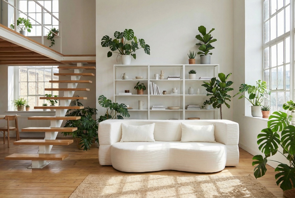 将图中的白色沙发放置在北欧风loft公寓场景中，挑高空间，有木质楼梯、简约白色置物架、绿植装饰，整体氛围清新自然预览效果